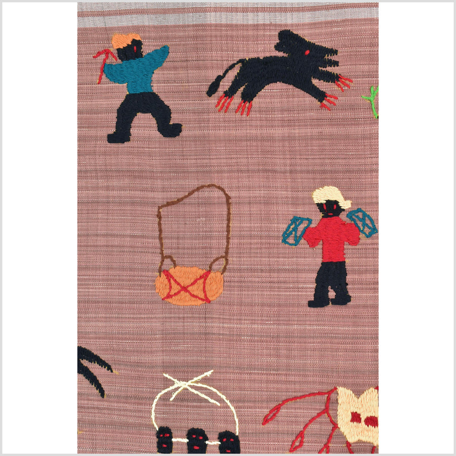 Rose mauve cotton story quilt Naga tribal textile ethnic embroidered boho fabric Burma hill tribe tapestry Thai India Hmong MP29