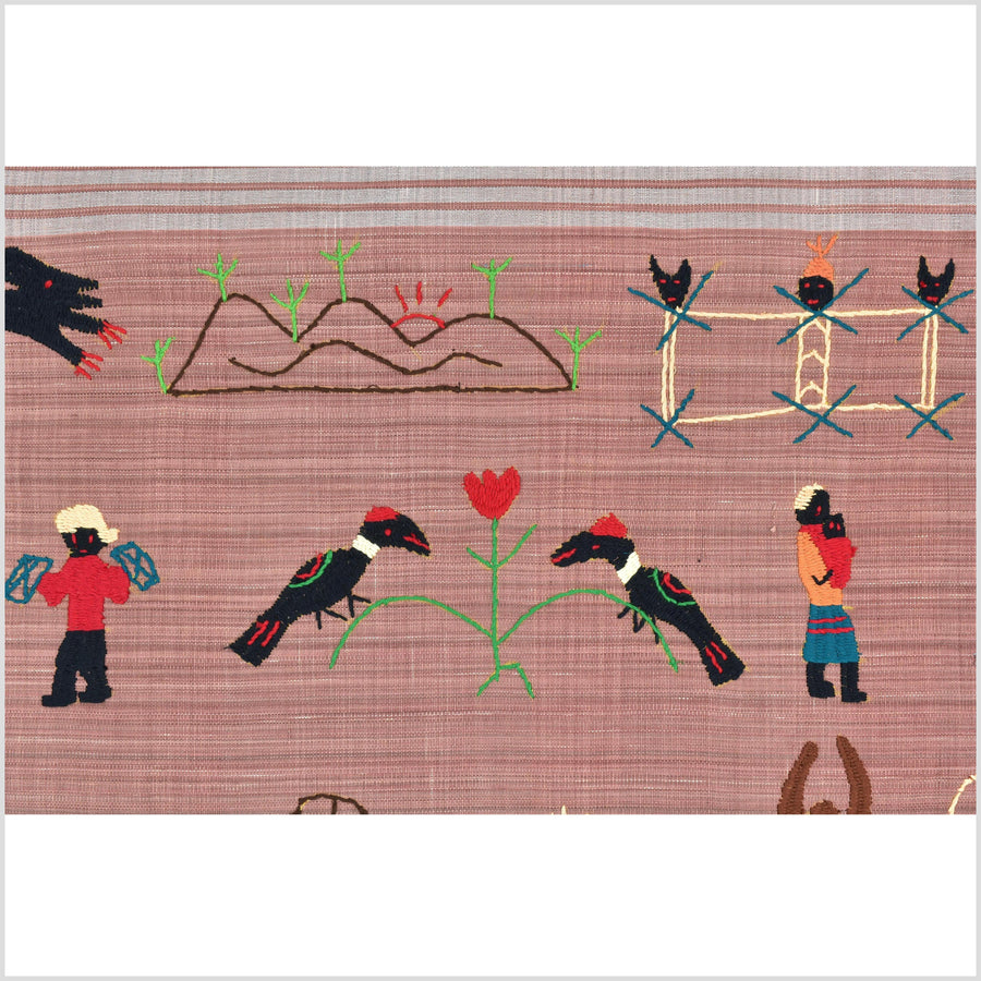 Rose mauve cotton story quilt Naga tribal textile ethnic embroidered boho fabric Burma hill tribe tapestry Thai India Hmong MP29