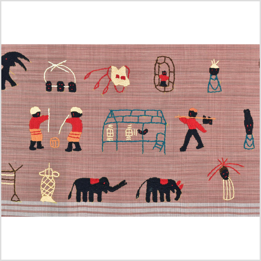 Rose mauve cotton story quilt Naga tribal textile ethnic embroidered boho fabric Burma hill tribe tapestry Thai India Hmong MP29