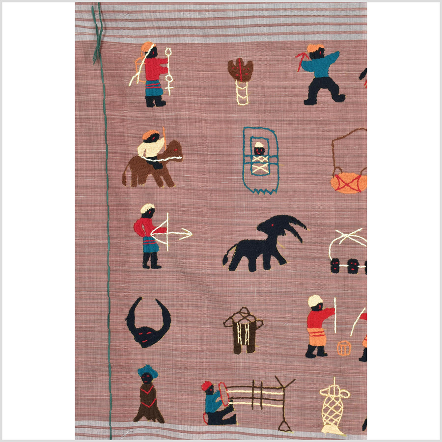 Rose mauve cotton story quilt Naga tribal textile ethnic embroidered boho fabric Burma hill tribe tapestry Thai India Hmong MP29