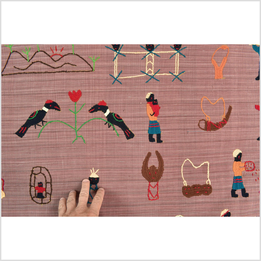 Rose mauve cotton story quilt Naga tribal textile ethnic embroidered boho fabric Burma hill tribe tapestry Thai India Hmong MP29