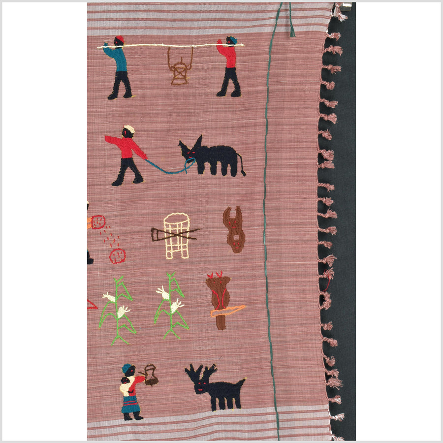 Rose mauve cotton story quilt Naga tribal textile ethnic embroidered boho fabric Burma hill tribe tapestry Thai India Hmong MP29