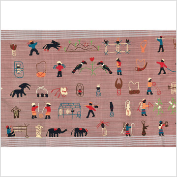 Rose mauve cotton story quilt Naga tribal textile ethnic embroidered boho fabric Burma hill tribe tapestry Thai India Hmong MP29