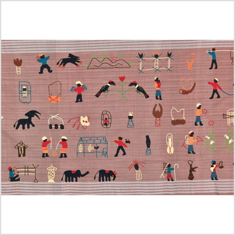 Rose mauve cotton story quilt Naga tribal textile ethnic embroidered boho fabric Burma hill tribe tapestry Thai India Hmong MP29