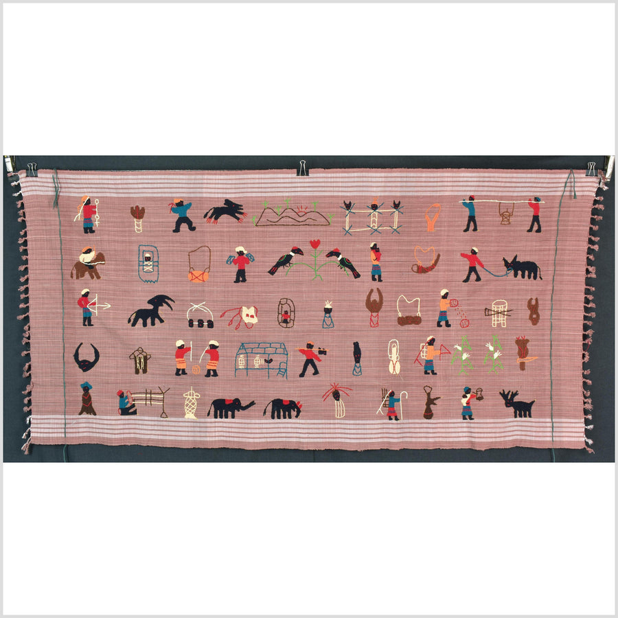 Rose mauve cotton story quilt Naga tribal textile ethnic embroidered boho fabric Burma hill tribe tapestry Thai India Hmong MP29