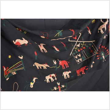 Pitch-dark black cotton story quilt Naga tribal textile ethnic embroidered boho fabric Burma hill tribe tapestry Thai India Hmong MP2