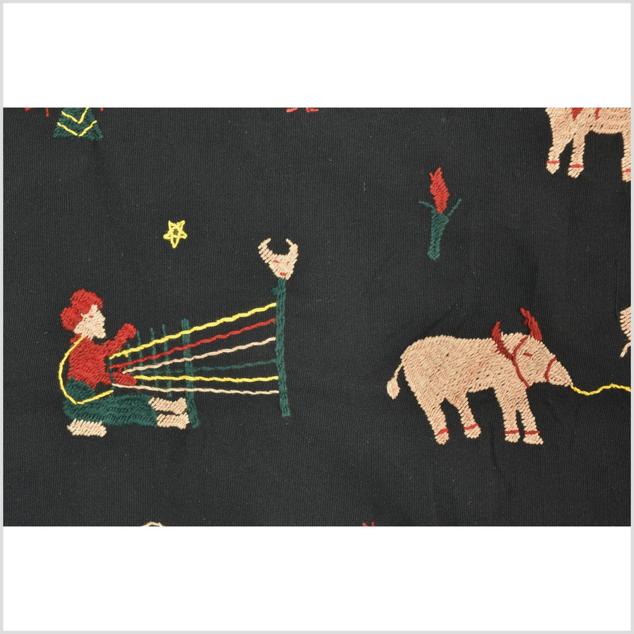 Pitch-dark black cotton story quilt Naga tribal textile ethnic embroidered boho fabric Burma hill tribe tapestry Thai India Hmong MP2