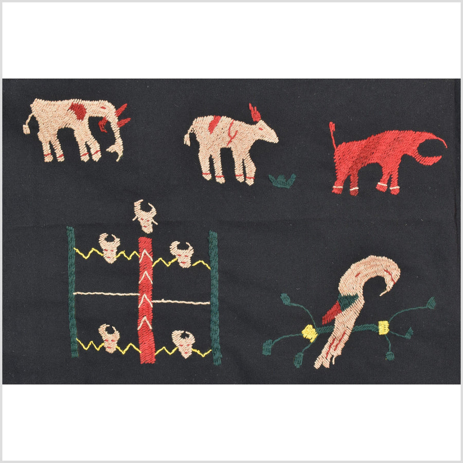 Pitch-dark black cotton story quilt Naga tribal textile ethnic embroidered boho fabric Burma hill tribe tapestry Thai India Hmong MP2