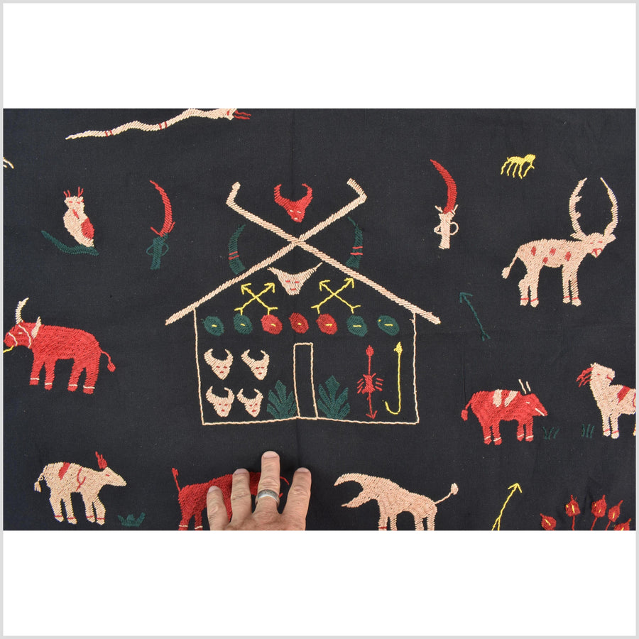 Pitch-dark black cotton story quilt Naga tribal textile ethnic embroidered boho fabric Burma hill tribe tapestry Thai India Hmong MP2
