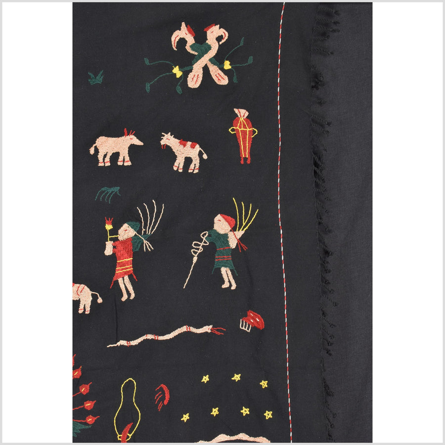 Pitch-dark black cotton story quilt Naga tribal textile ethnic embroidered boho fabric Burma hill tribe tapestry Thai India Hmong MP2