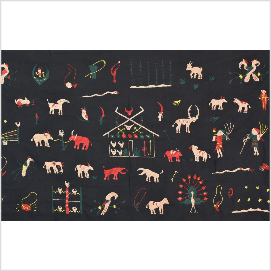 Pitch-dark black cotton story quilt Naga tribal textile ethnic embroidered boho fabric Burma hill tribe tapestry Thai India Hmong MP2