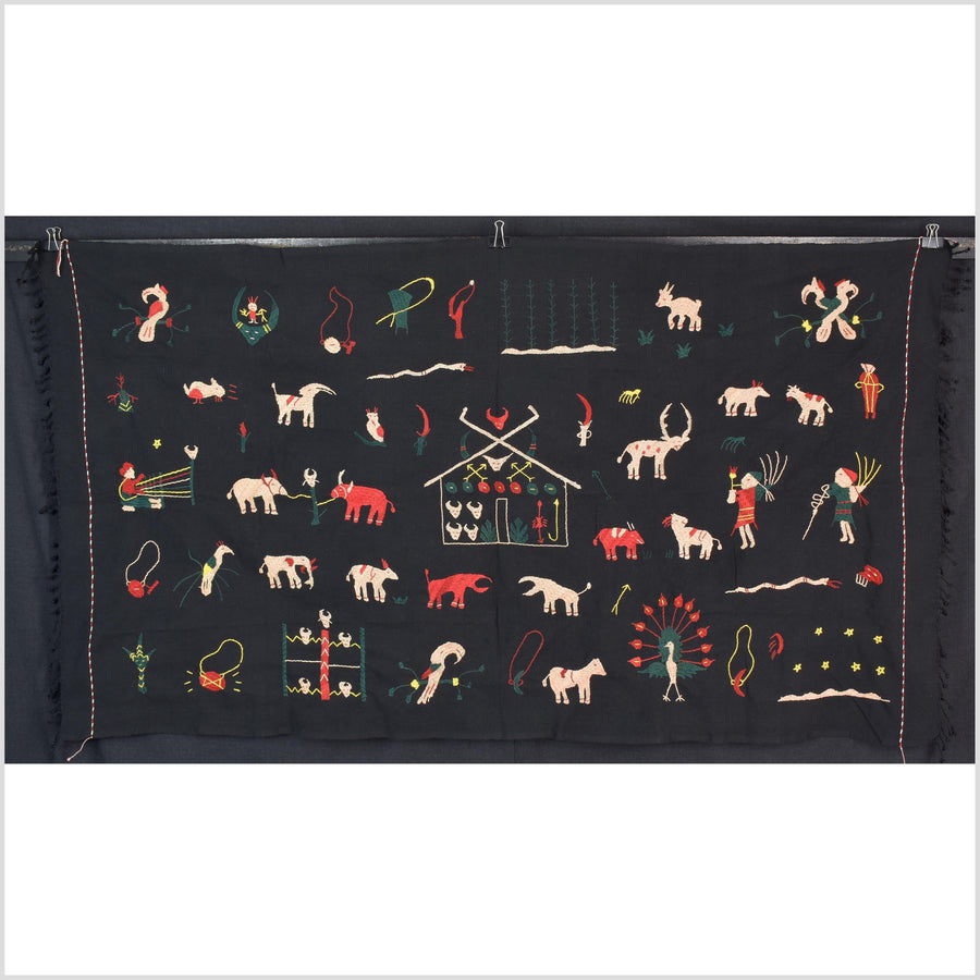 Pitch-dark black cotton story quilt Naga tribal textile ethnic embroidered boho fabric Burma hill tribe tapestry Thai India Hmong MP2