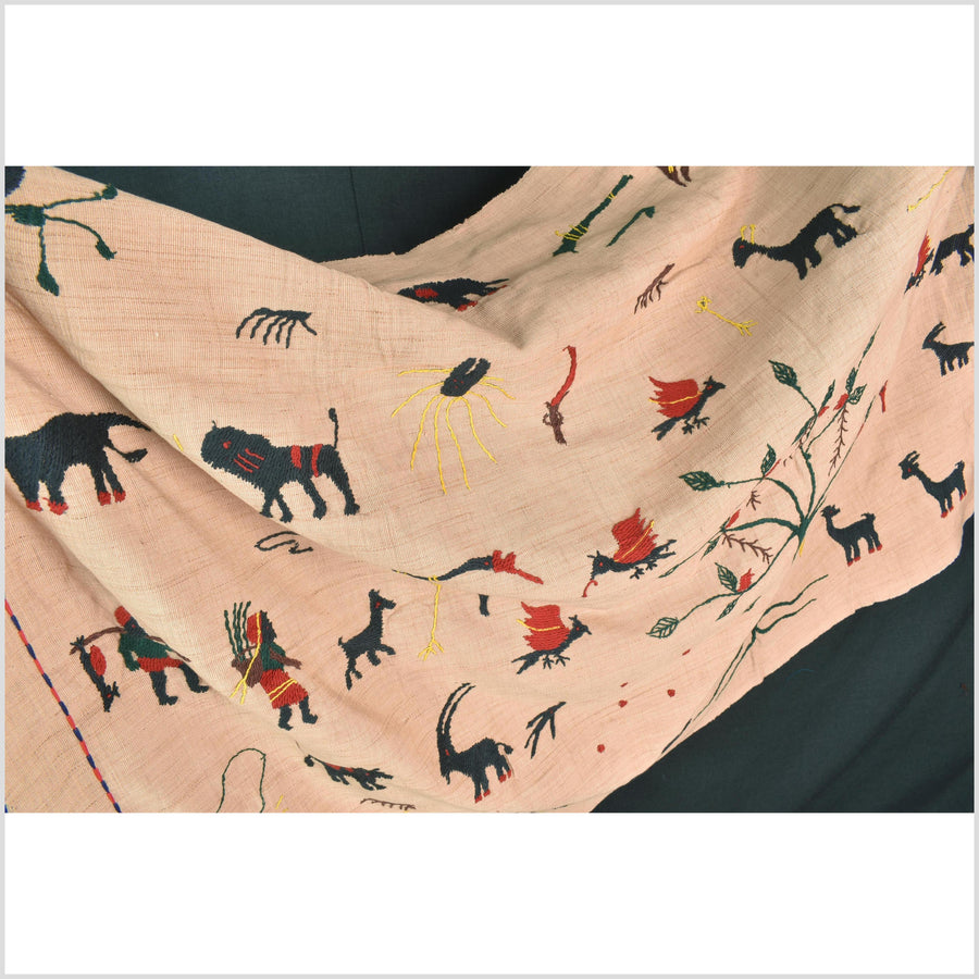 Golden caramel cotton story quilt Naga tribal textile ethnic embroidered boho fabric Burma hill tribe tapestry Thai India Hmong MP30