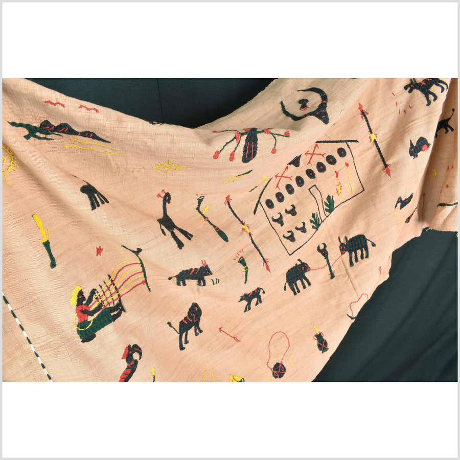 Golden brown cotton story quilt Naga tribal textile ethnic embroidered boho fabric Burma hill tribe tapestry Thai India Hmong MP32