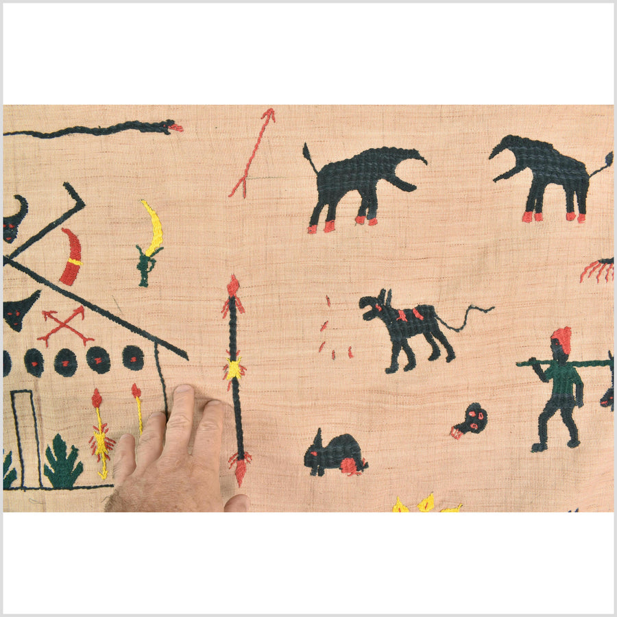 Golden brown cotton story quilt Naga tribal textile ethnic embroidered boho fabric Burma hill tribe tapestry Thai India Hmong MP32