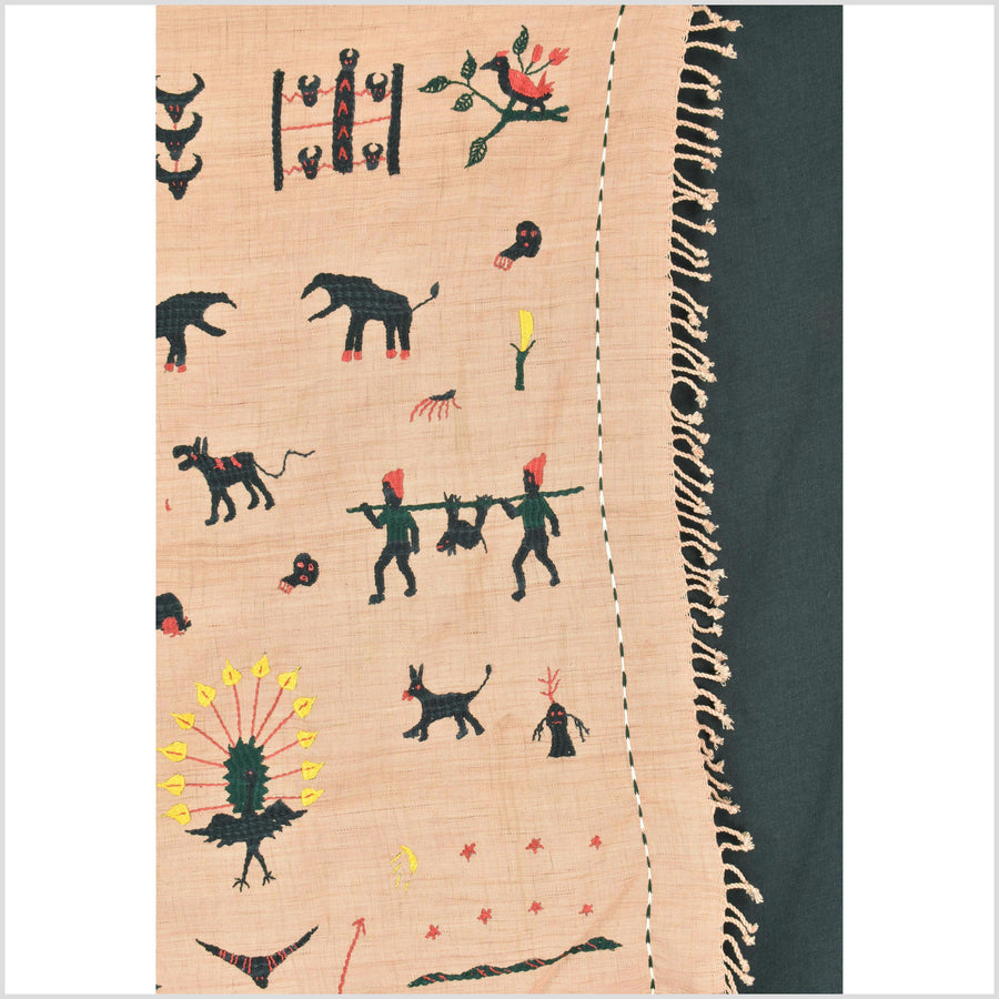 Golden brown cotton story quilt Naga tribal textile ethnic embroidered boho fabric Burma hill tribe tapestry Thai India Hmong MP32