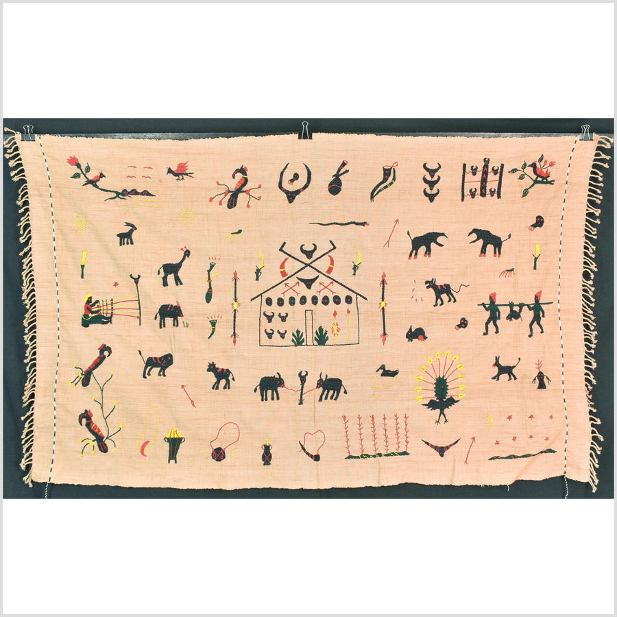 Golden brown cotton story quilt Naga tribal textile ethnic embroidered boho fabric Burma hill tribe tapestry Thai India Hmong MP32