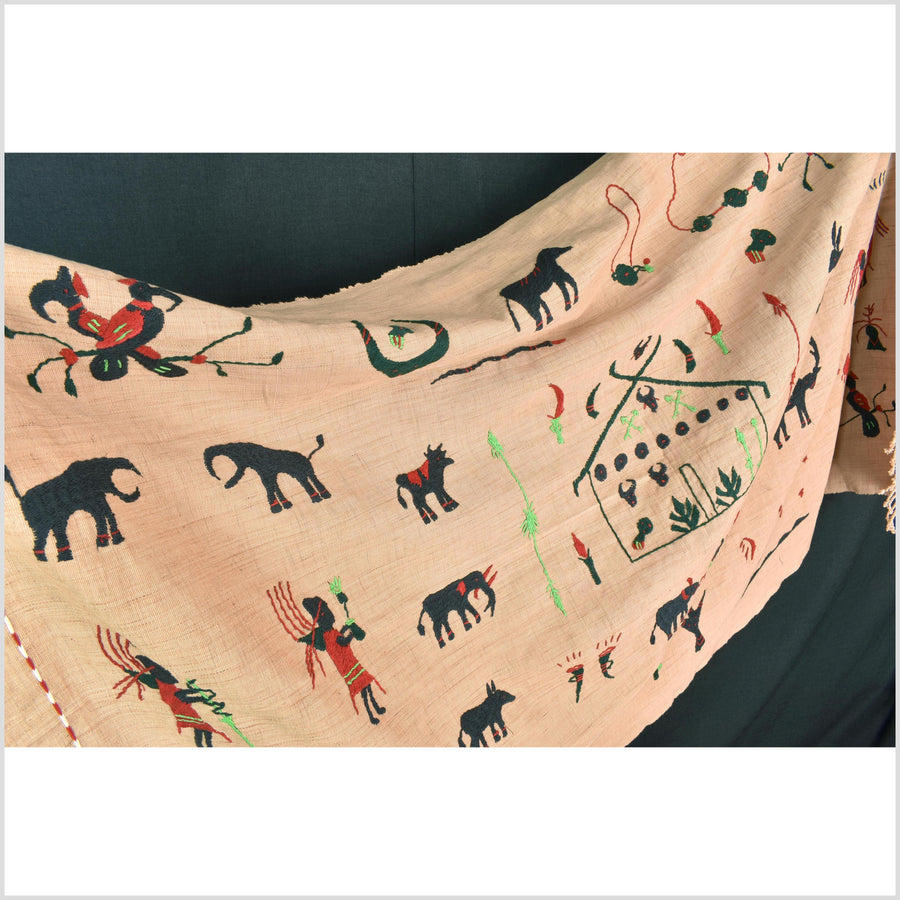 Golden brown cotton story quilt Naga tribal textile ethnic embroidered boho fabric Burma hill tribe tapestry Thai India Hmong MP33