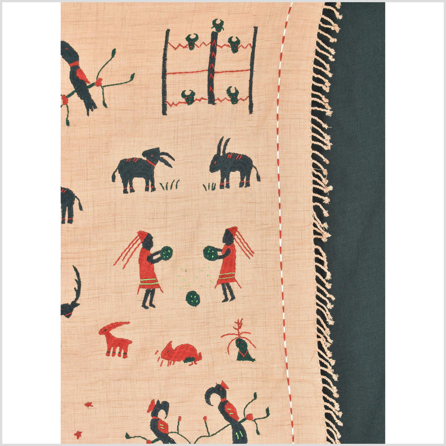 Golden brown cotton story quilt Naga tribal textile ethnic embroidered boho fabric Burma hill tribe tapestry Thai India Hmong MP33