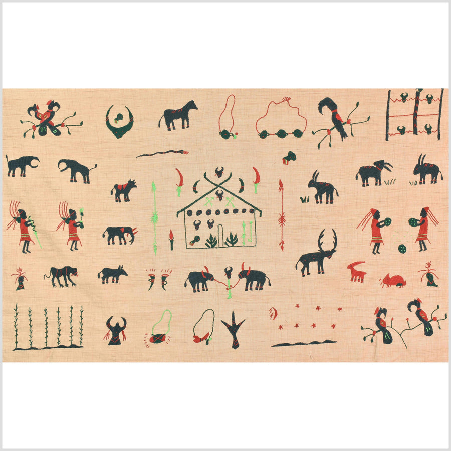 Golden brown cotton story quilt Naga tribal textile ethnic embroidered boho fabric Burma hill tribe tapestry Thai India Hmong MP33