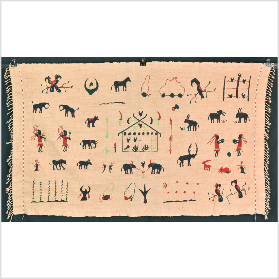 Golden brown cotton story quilt Naga tribal textile ethnic embroidered boho fabric Burma hill tribe tapestry Thai India Hmong MP33