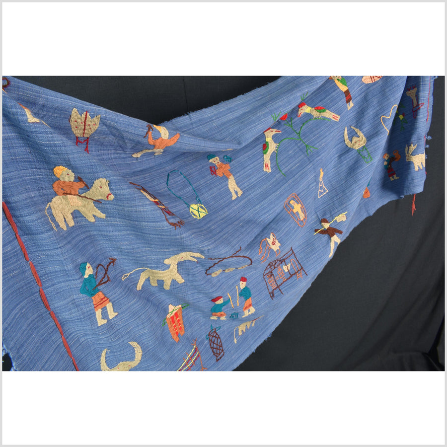 Sky blue cotton story quilt Naga tribal textile ethnic embroidered boho fabric Burma hill tribe tapestry Thailand India Hmong MP34