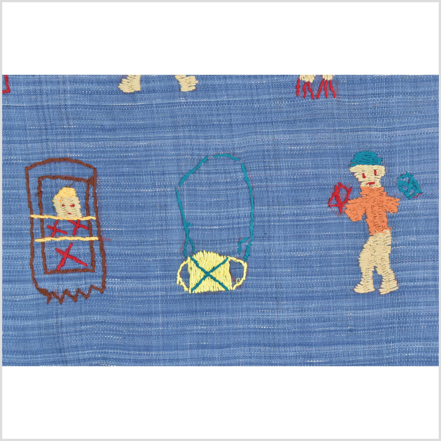 Sky blue cotton story quilt Naga tribal textile ethnic embroidered boho fabric Burma hill tribe tapestry Thailand India Hmong MP34