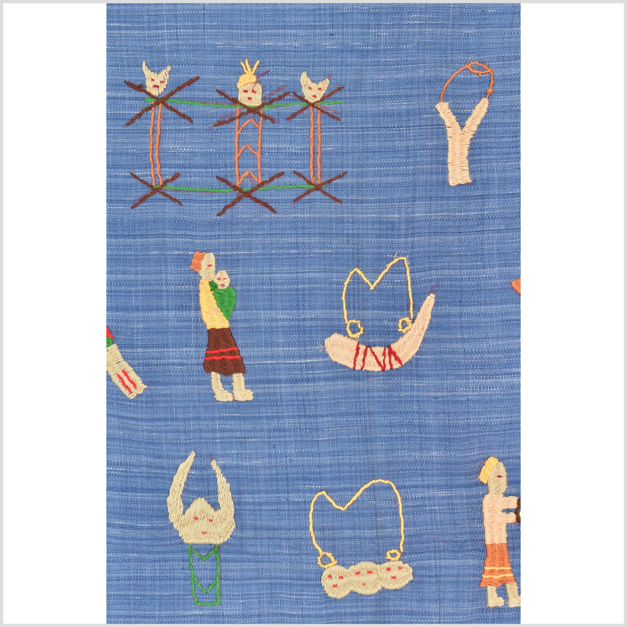 Sky blue cotton story quilt Naga tribal textile ethnic embroidered boho fabric Burma hill tribe tapestry Thailand India Hmong MP34