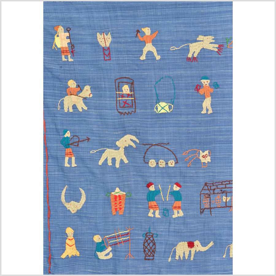 Sky blue cotton story quilt Naga tribal textile ethnic embroidered boho fabric Burma hill tribe tapestry Thailand India Hmong MP34