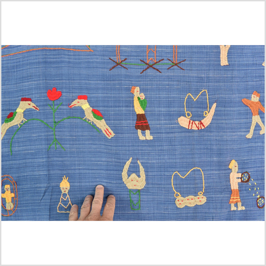 Sky blue cotton story quilt Naga tribal textile ethnic embroidered boho fabric Burma hill tribe tapestry Thailand India Hmong MP34