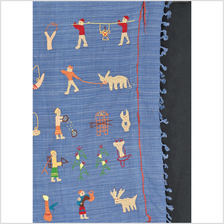 Sky blue cotton story quilt Naga tribal textile ethnic embroidered boho fabric Burma hill tribe tapestry Thailand India Hmong MP34