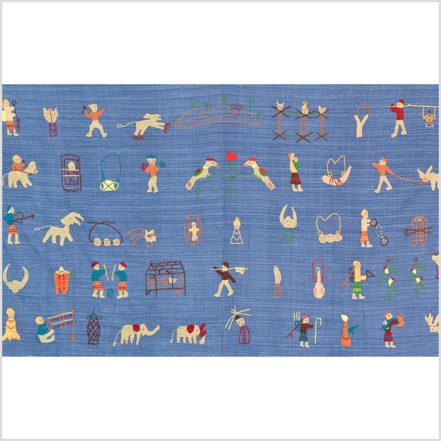 Sky blue cotton story quilt Naga tribal textile ethnic embroidered boho fabric Burma hill tribe tapestry Thailand India Hmong MP34
