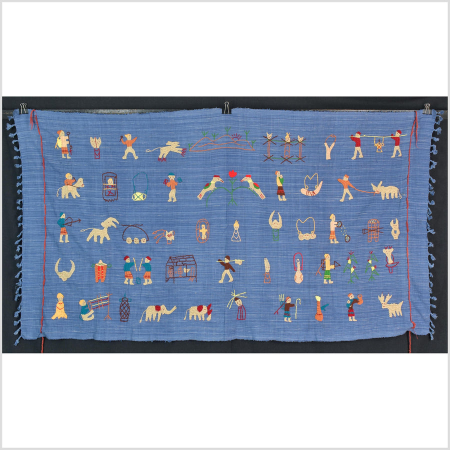 Sky blue cotton story quilt Naga tribal textile ethnic embroidered boho fabric Burma hill tribe tapestry Thailand India Hmong MP34