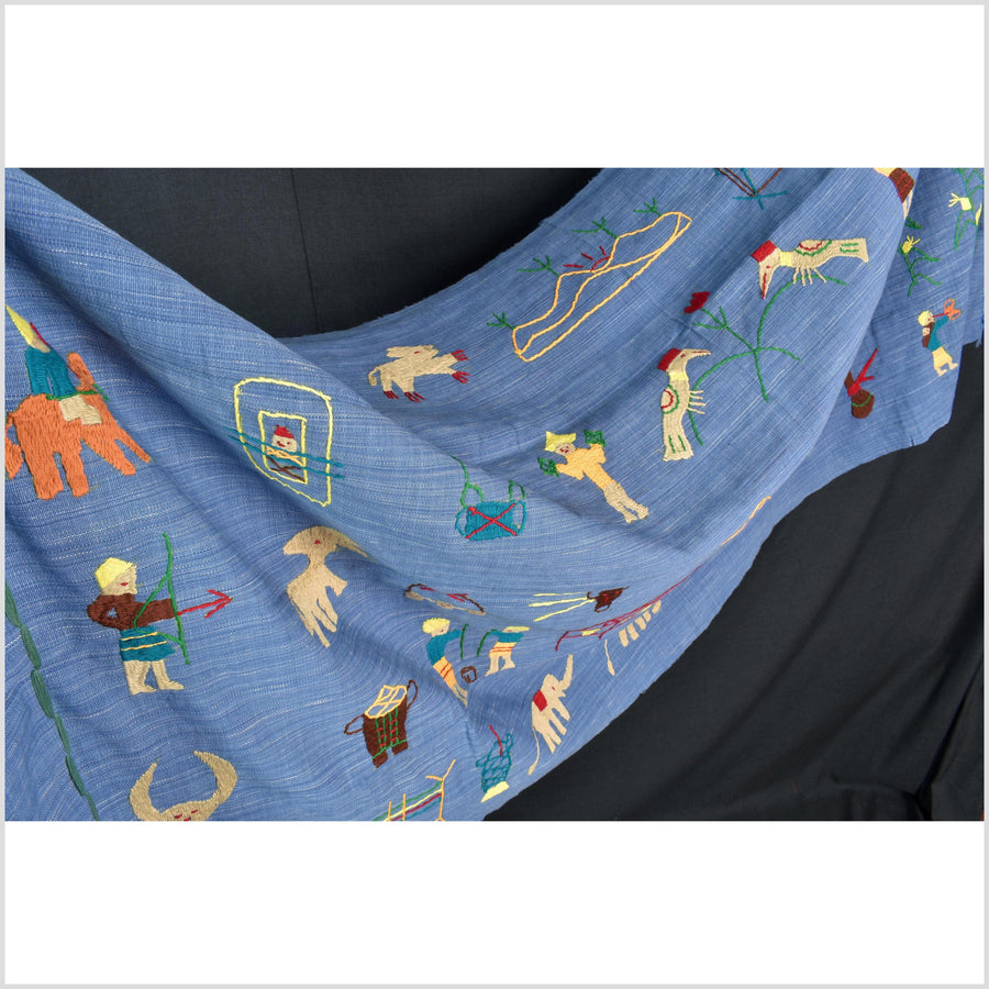 Cornflower blue cotton story quilt Naga tribal textile ethnic embroidered boho fabric Burma hill tribe tapestry Thailand India Hmong MP35
