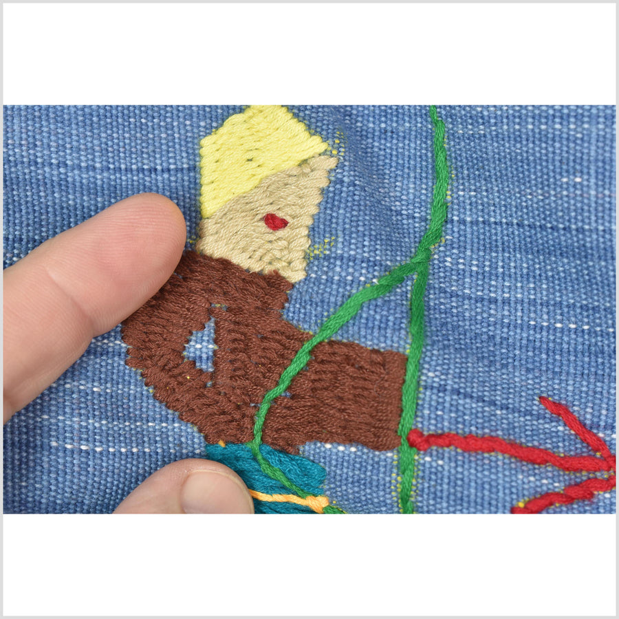 Cornflower blue cotton story quilt Naga tribal textile ethnic embroidered boho fabric Burma hill tribe tapestry Thailand India Hmong MP35