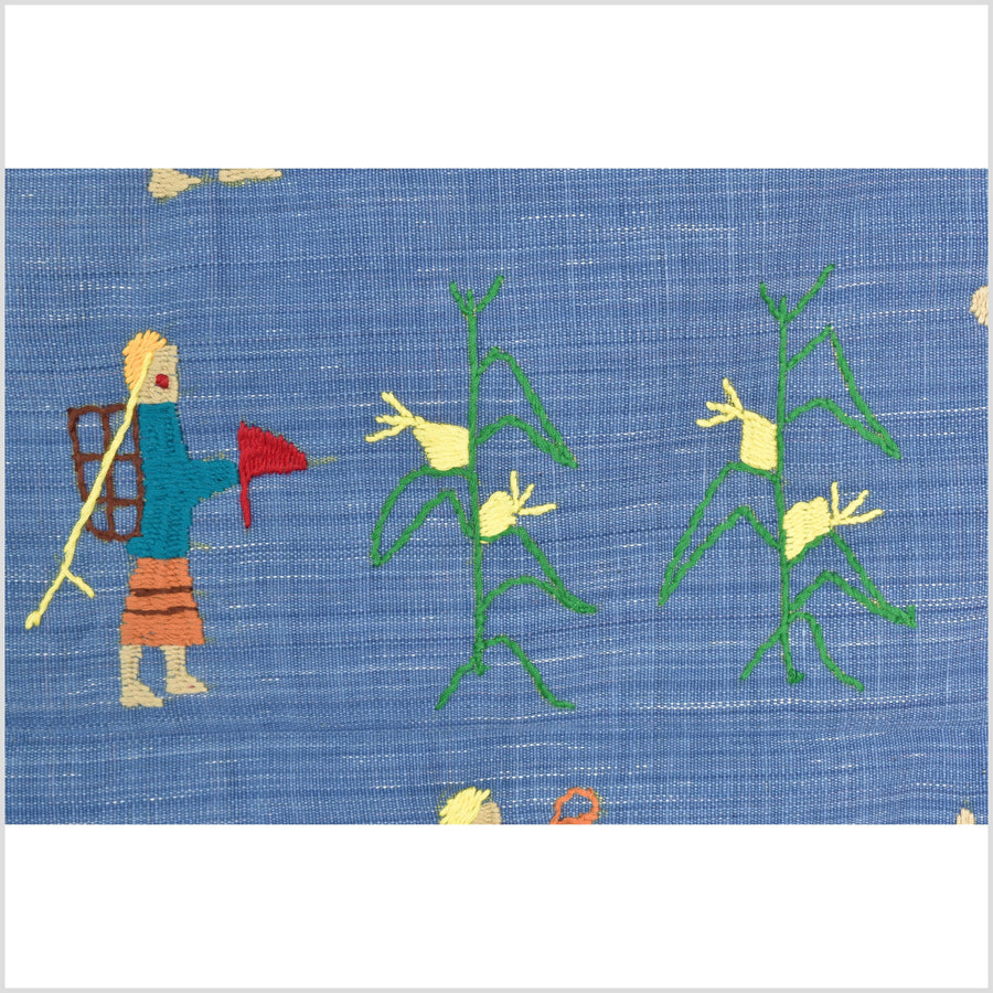Cornflower blue cotton story quilt Naga tribal textile ethnic embroidered boho fabric Burma hill tribe tapestry Thailand India Hmong MP35