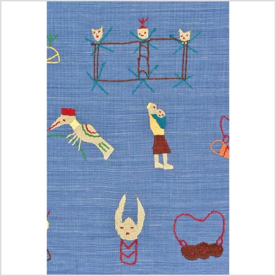 Cornflower blue cotton story quilt Naga tribal textile ethnic embroidered boho fabric Burma hill tribe tapestry Thailand India Hmong MP35