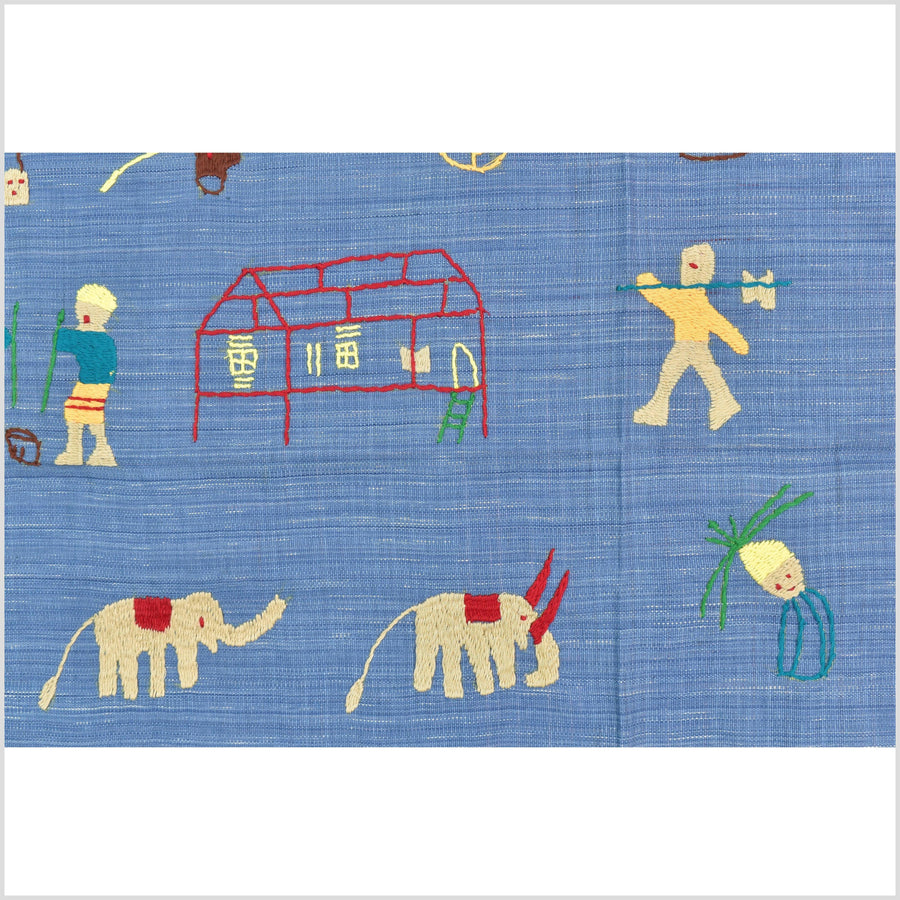 Cornflower blue cotton story quilt Naga tribal textile ethnic embroidered boho fabric Burma hill tribe tapestry Thailand India Hmong MP35
