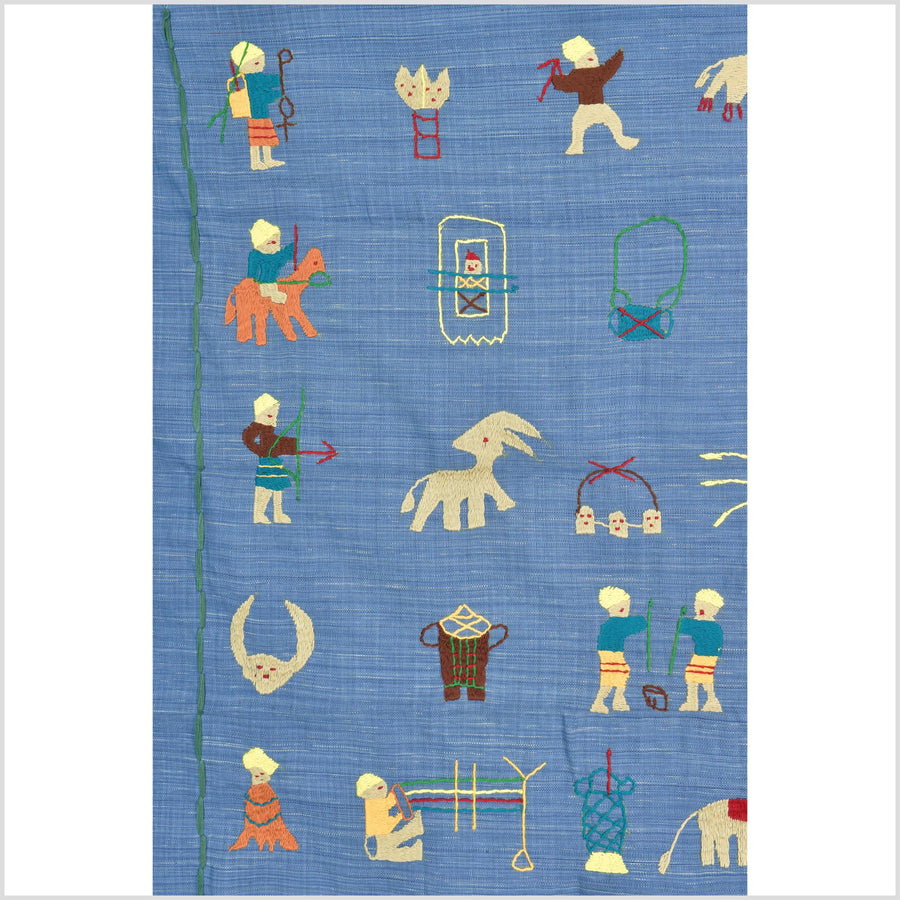 Cornflower blue cotton story quilt Naga tribal textile ethnic embroidered boho fabric Burma hill tribe tapestry Thailand India Hmong MP35