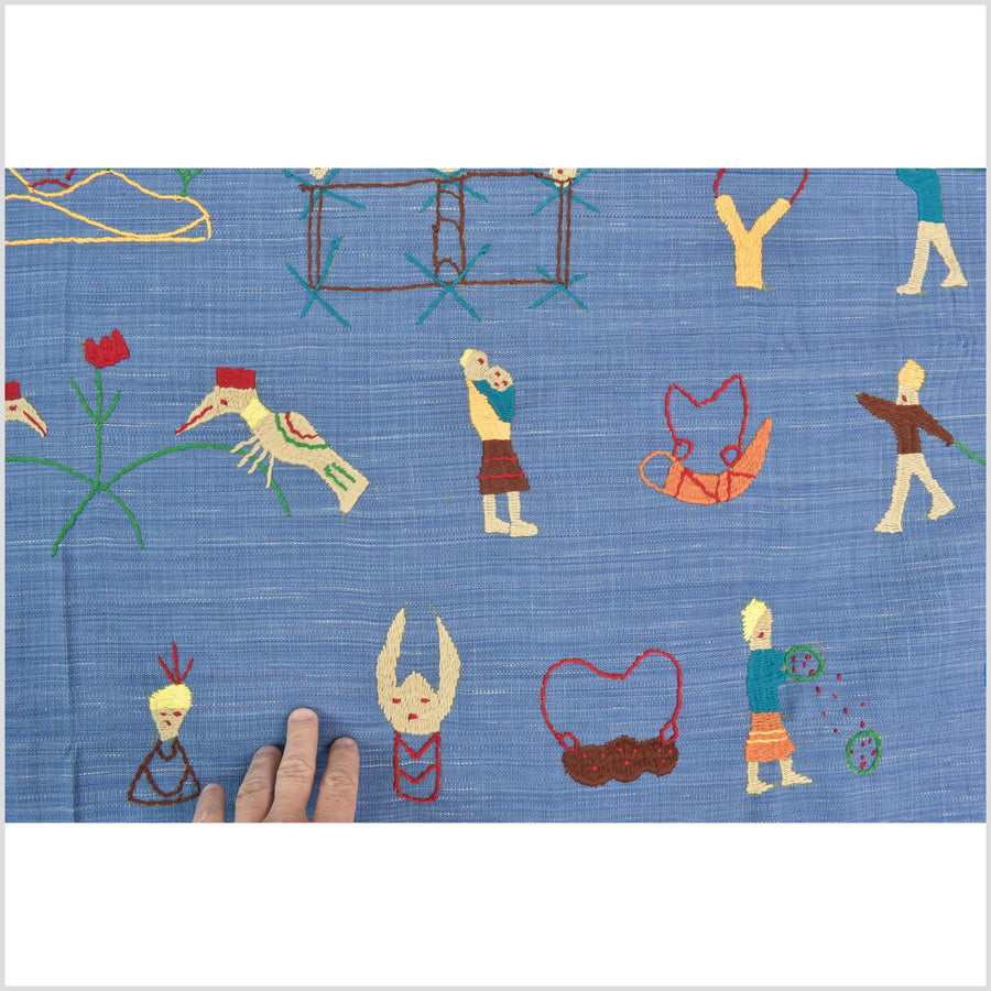 Cornflower blue cotton story quilt Naga tribal textile ethnic embroidered boho fabric Burma hill tribe tapestry Thailand India Hmong MP35