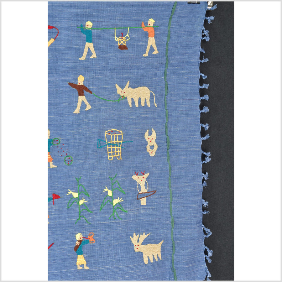 Cornflower blue cotton story quilt Naga tribal textile ethnic embroidered boho fabric Burma hill tribe tapestry Thailand India Hmong MP35