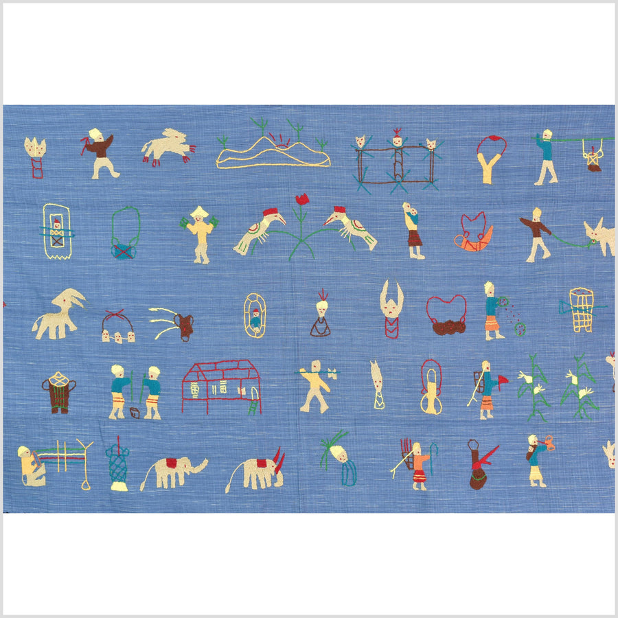 Cornflower blue cotton story quilt Naga tribal textile ethnic embroidered boho fabric Burma hill tribe tapestry Thailand India Hmong MP35