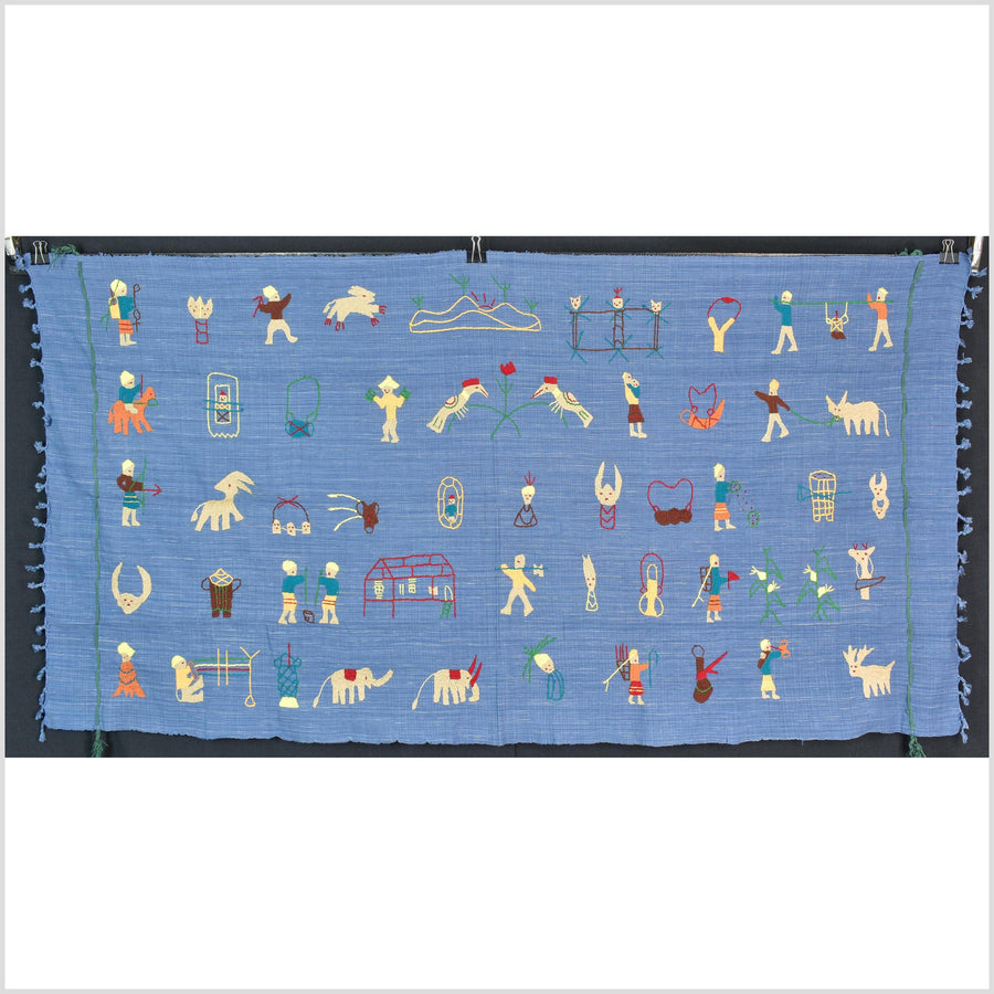 Cornflower blue cotton story quilt Naga tribal textile ethnic embroidered boho fabric Burma hill tribe tapestry Thailand India Hmong MP35