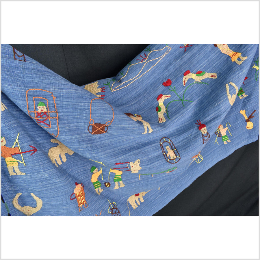 Cornflower blue cotton story quilt Naga tribal textile ethnic embroidered boho fabric Burma hill tribe tapestry Thailand India Hmong MP36