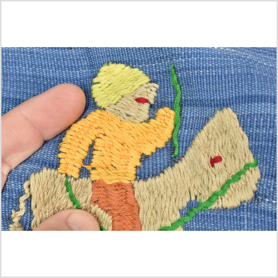 Cornflower blue cotton story quilt Naga tribal textile ethnic embroidered boho fabric Burma hill tribe tapestry Thailand India Hmong MP36