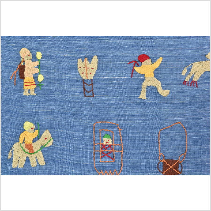 Cornflower blue cotton story quilt Naga tribal textile ethnic embroidered boho fabric Burma hill tribe tapestry Thailand India Hmong MP36