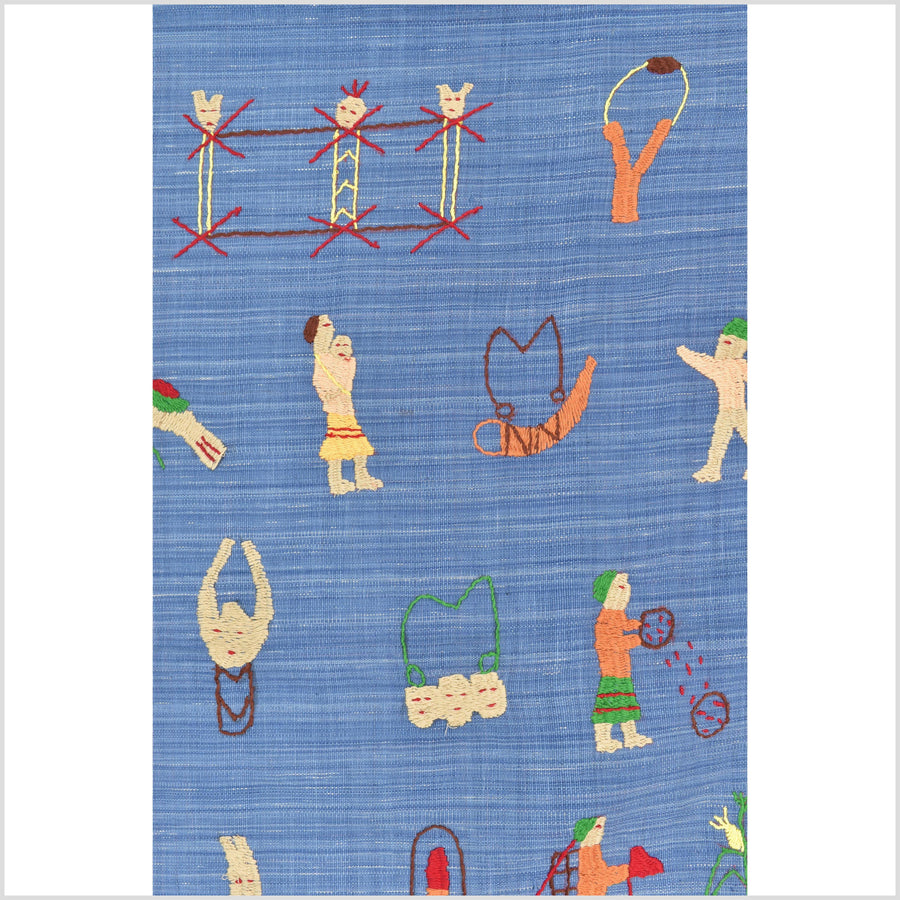 Cornflower blue cotton story quilt Naga tribal textile ethnic embroidered boho fabric Burma hill tribe tapestry Thailand India Hmong MP36
