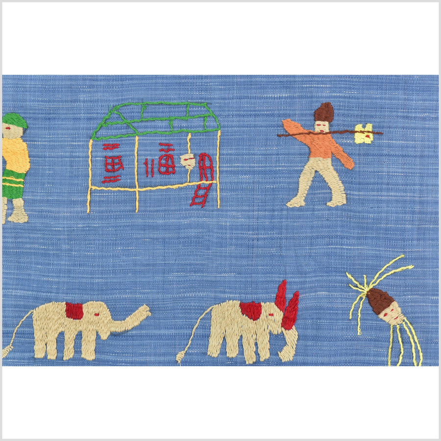 Cornflower blue cotton story quilt Naga tribal textile ethnic embroidered boho fabric Burma hill tribe tapestry Thailand India Hmong MP36