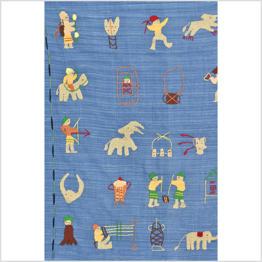Cornflower blue cotton story quilt Naga tribal textile ethnic embroidered boho fabric Burma hill tribe tapestry Thailand India Hmong MP36