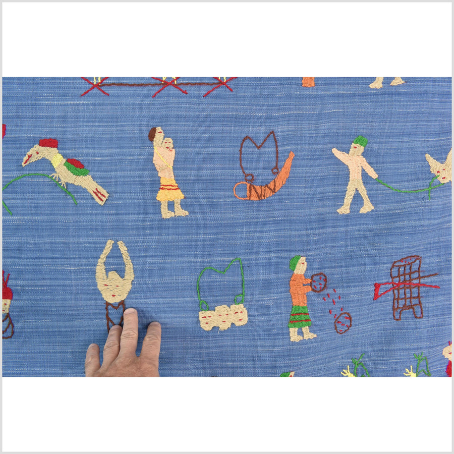 Cornflower blue cotton story quilt Naga tribal textile ethnic embroidered boho fabric Burma hill tribe tapestry Thailand India Hmong MP36